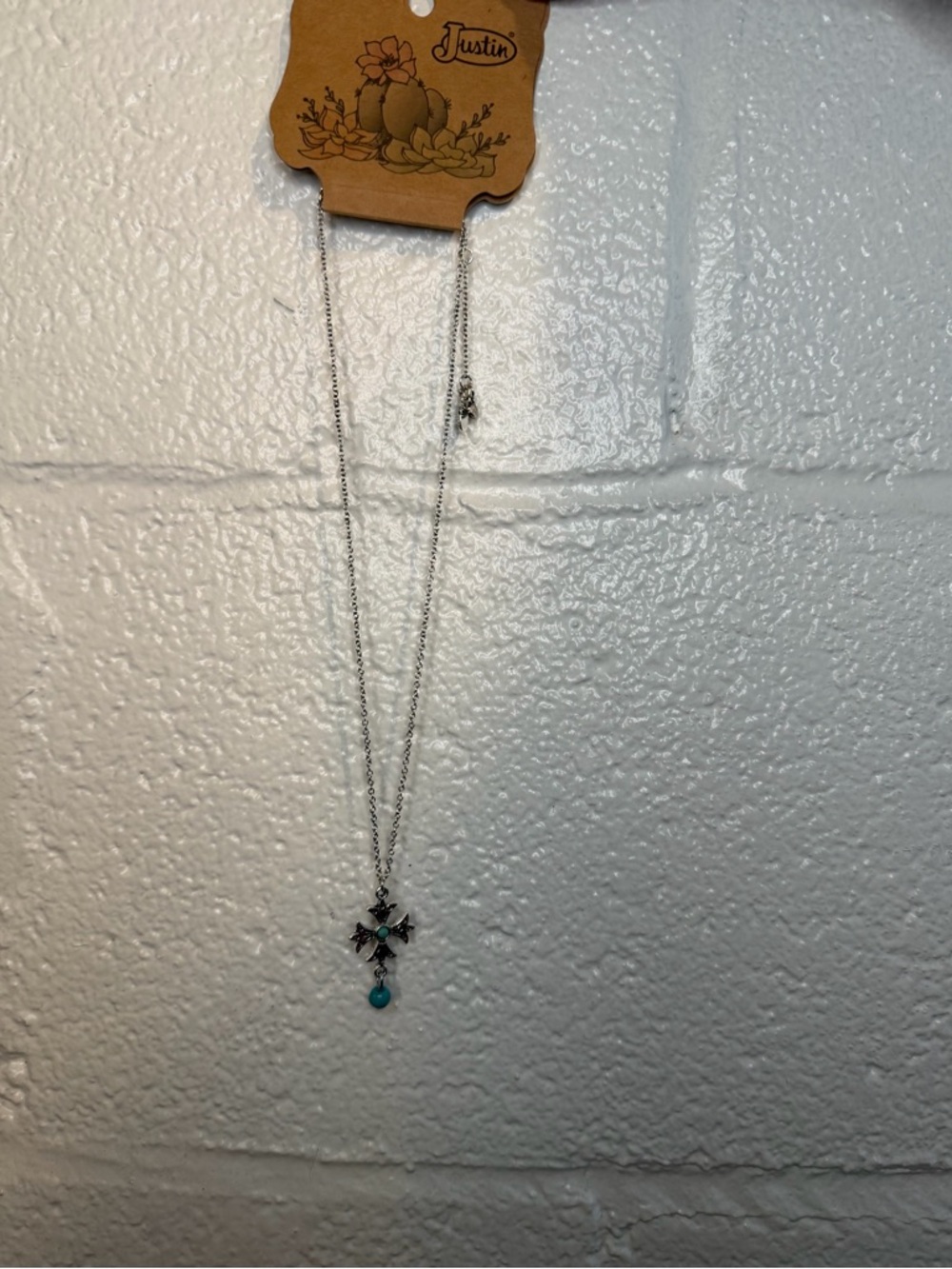 Justin Boots Silver Cross Necklace with Turquoise Drop